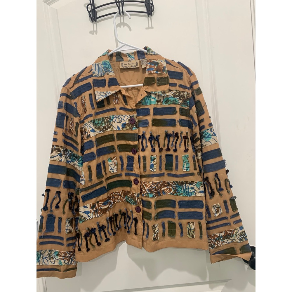 New Direction Womens Patchwork Jacket Tan Mixed Media Art To Wear Size M